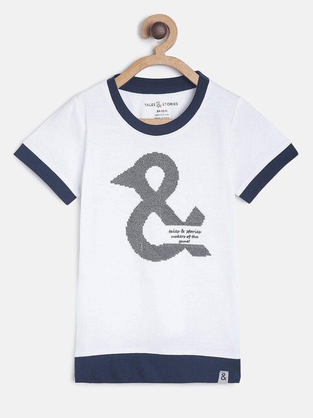 tales & stories boys white & navy blue typography printed t-shirt