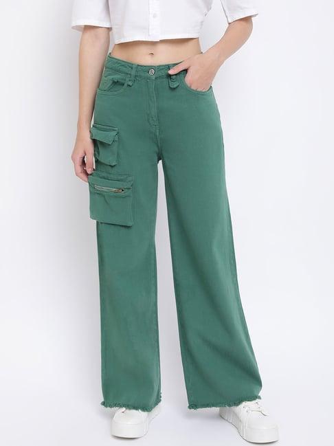 tales & stories green cotton mid rise cargo trousers