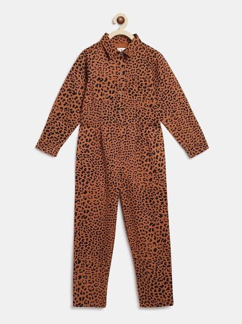 tales & stories kids brown cotton printed full sleeves jumpsuit