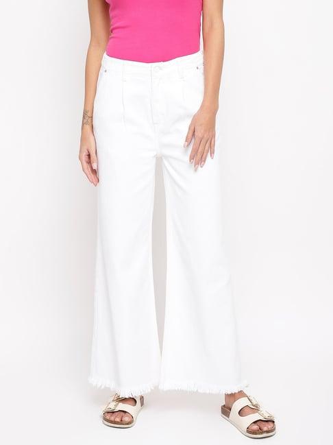 tales & stories white cotton mid rise wide leg jeans