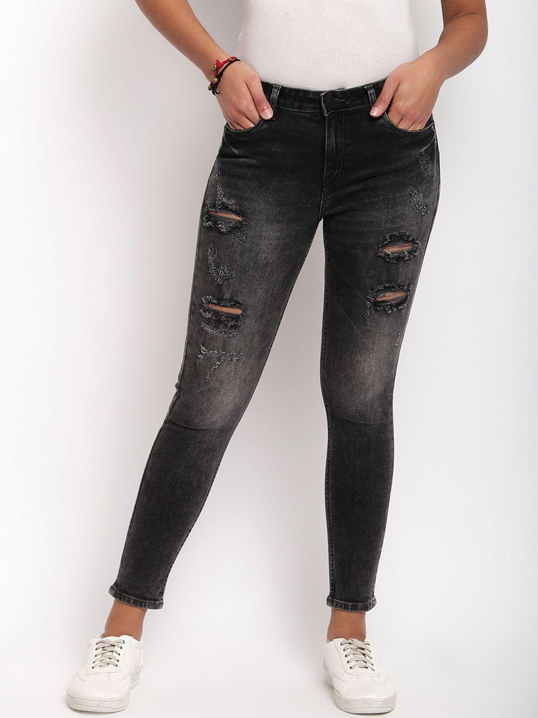 tales & stories women black highly distressed light fade skinny fit stretchable jeans