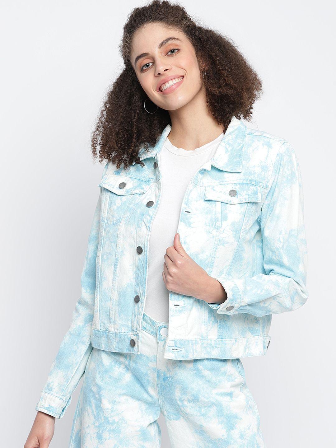 tales & stories women blue & white lightweight denim jacket