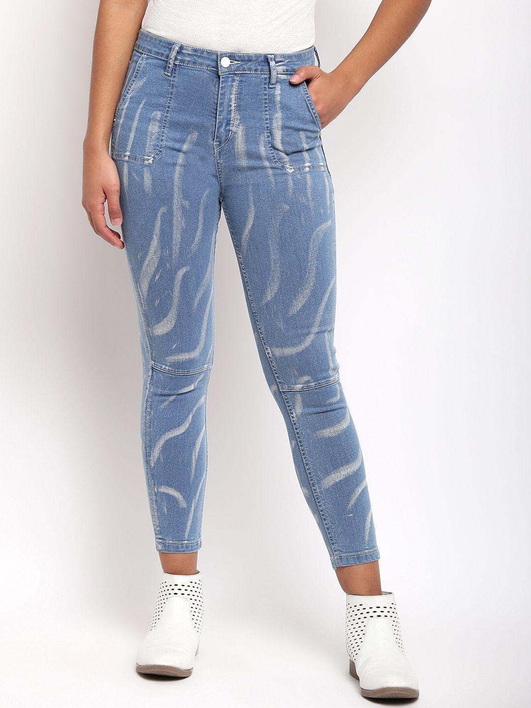 tales & stories women blue printed skinny fit jeans