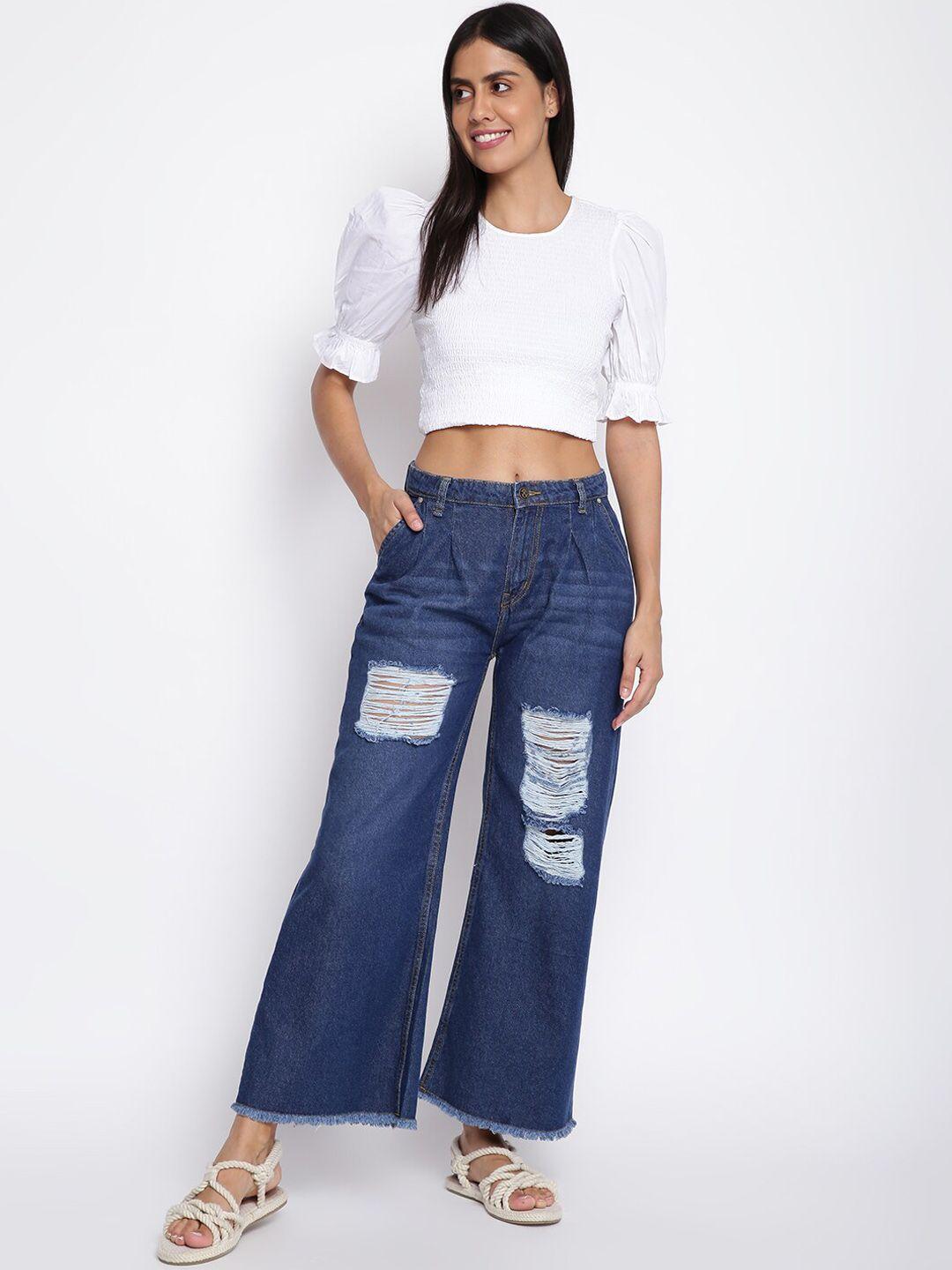 tales & stories women blue wide leg highly distressed light fade crop cotton jeans