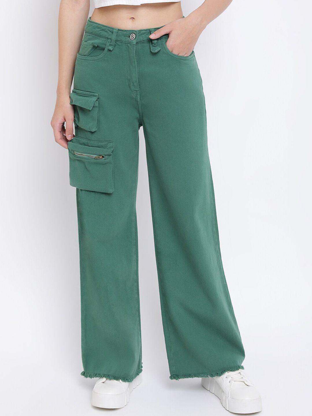 tales & stories women green cotton flared trousers