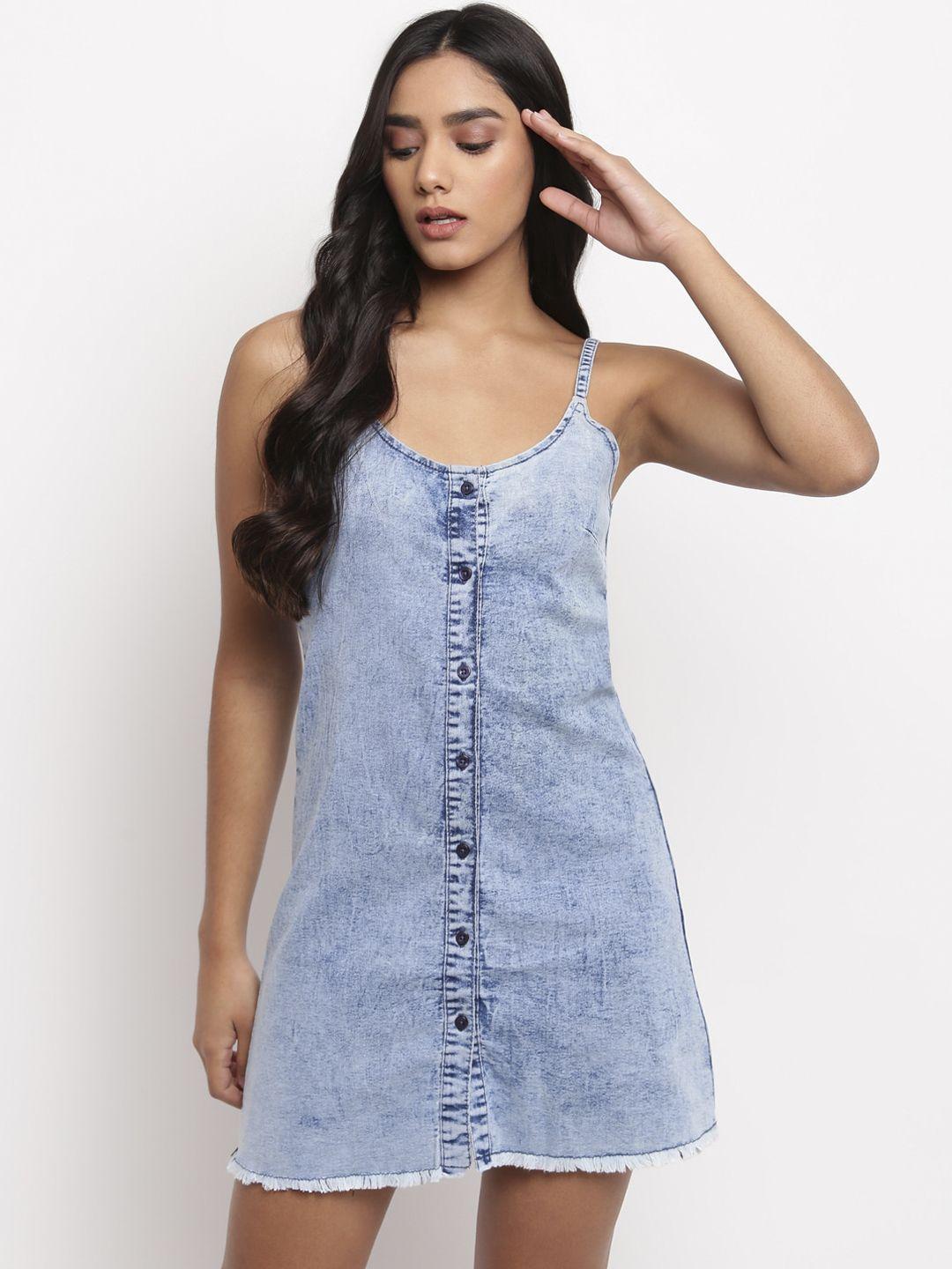 tales & stories women light blue denim a-line dress with frayed hem