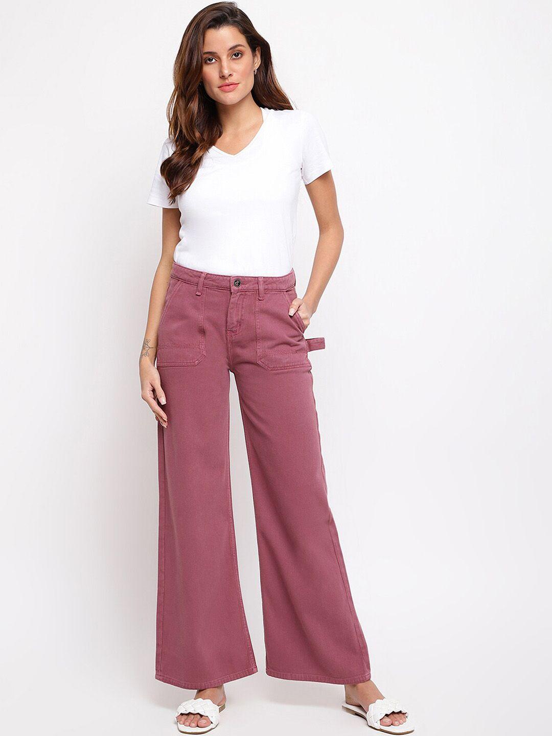 tales & stories women maroon wide leg stretchable jeans