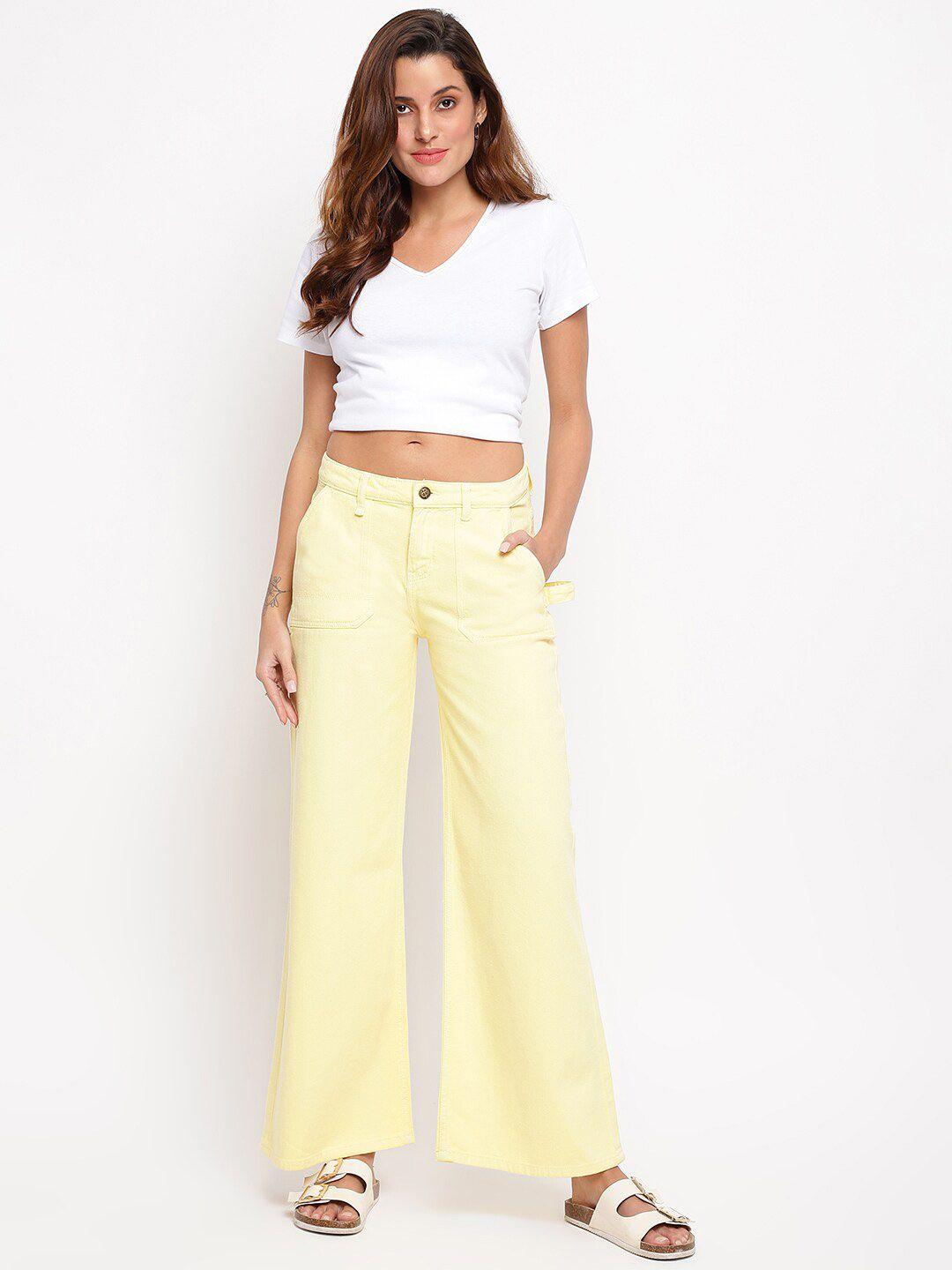 tales & stories women yellow wide leg stretchable jeans