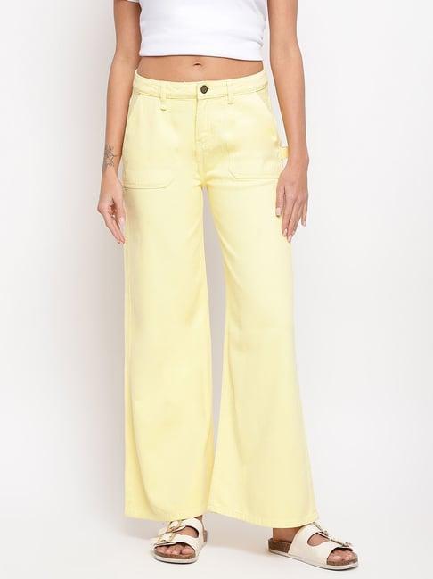 tales & stories yellow cotton mid rise wide leg jeans