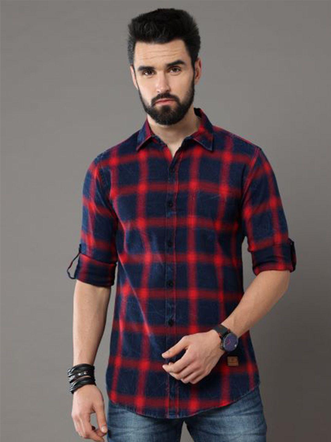 tallwalker tartan checked straight slim fit twill cotton casual shirt