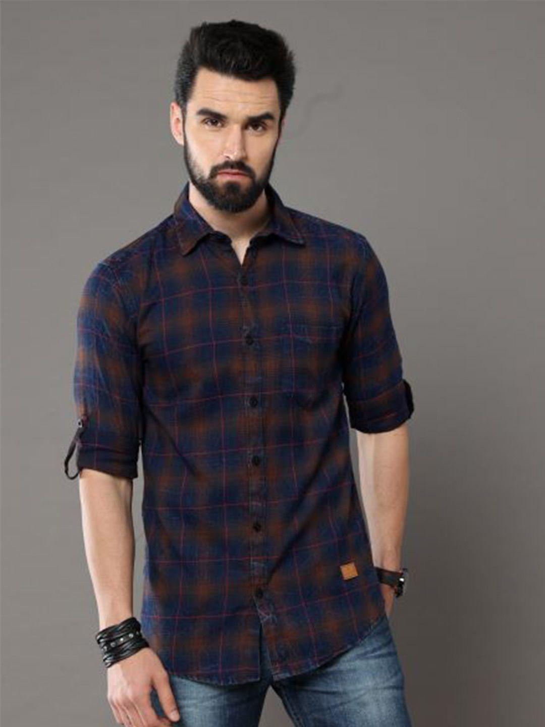 tallwalker tartan checks straight slim fit cotton casual shirt