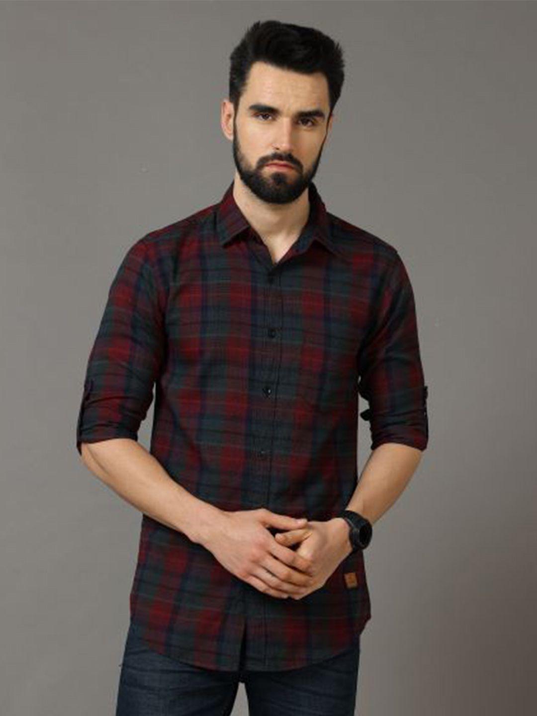 tallwalker tartan checks straight twill slim fit cotton casual shirt