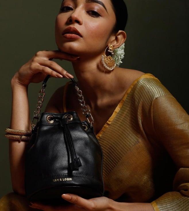 tan and loom bombay bucket bag (classic black leather)