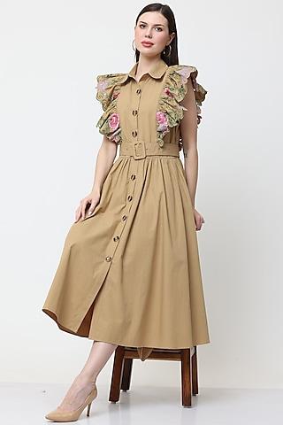 tan cotton embroidered button down dress
