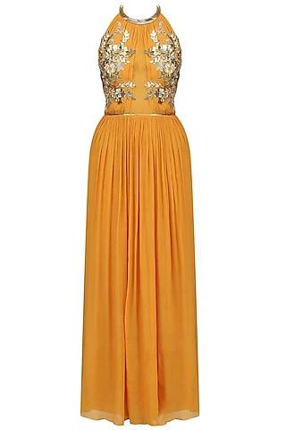 tan embroidered halter neck gown