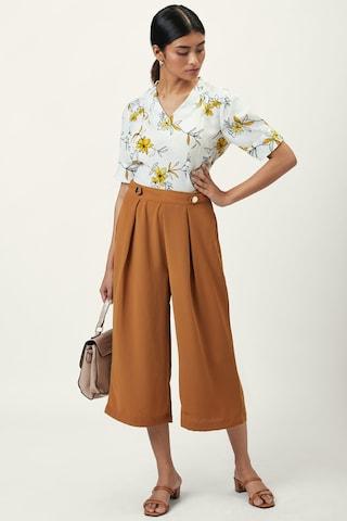 tan solid calf-length formal women regular fit trouser