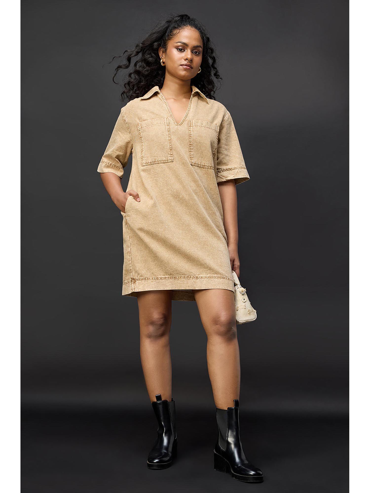 tan beige denim boxy shirt dress