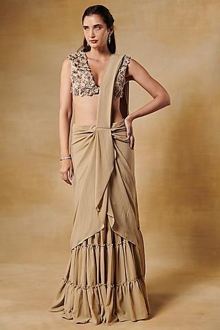 tan beige georgette pre-draped ruffled saree set