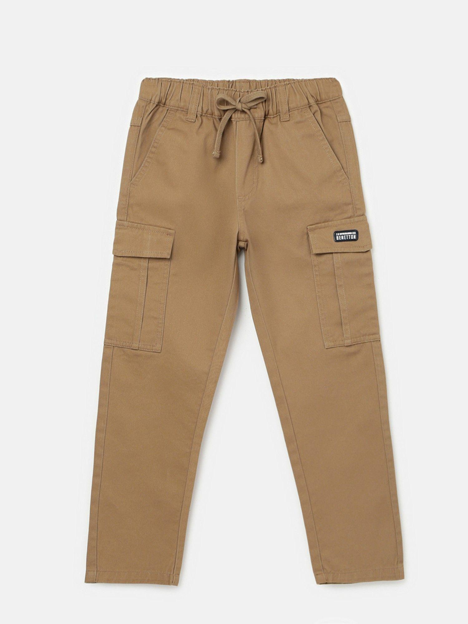 tan boys solid jogger fit trousers with drawstring closure