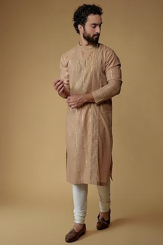 tan brown cotton lurex printed & embellished kurta