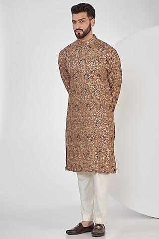 tan brown georgette printed & embroidered kurta