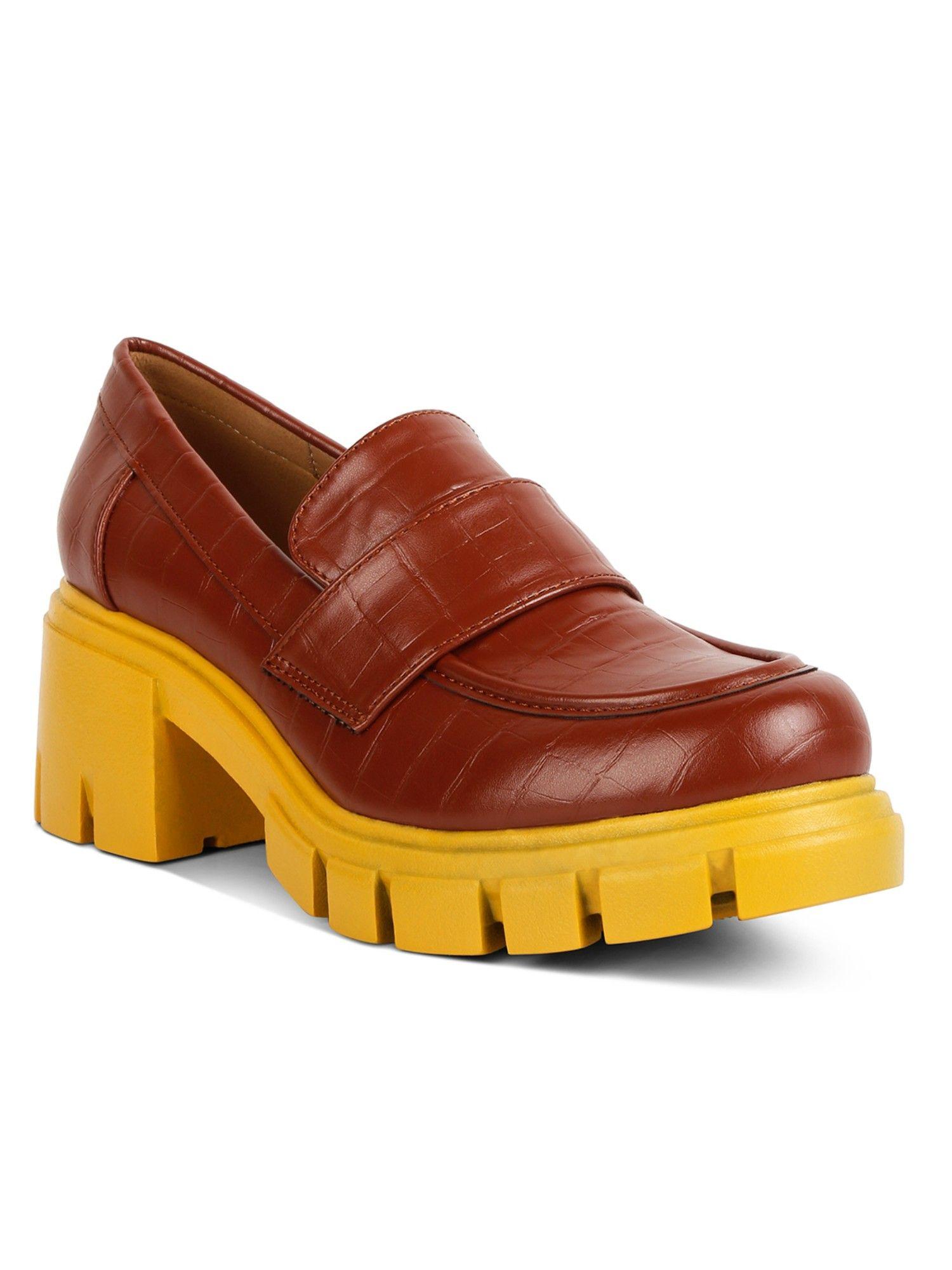 tan chunky block heel loafers