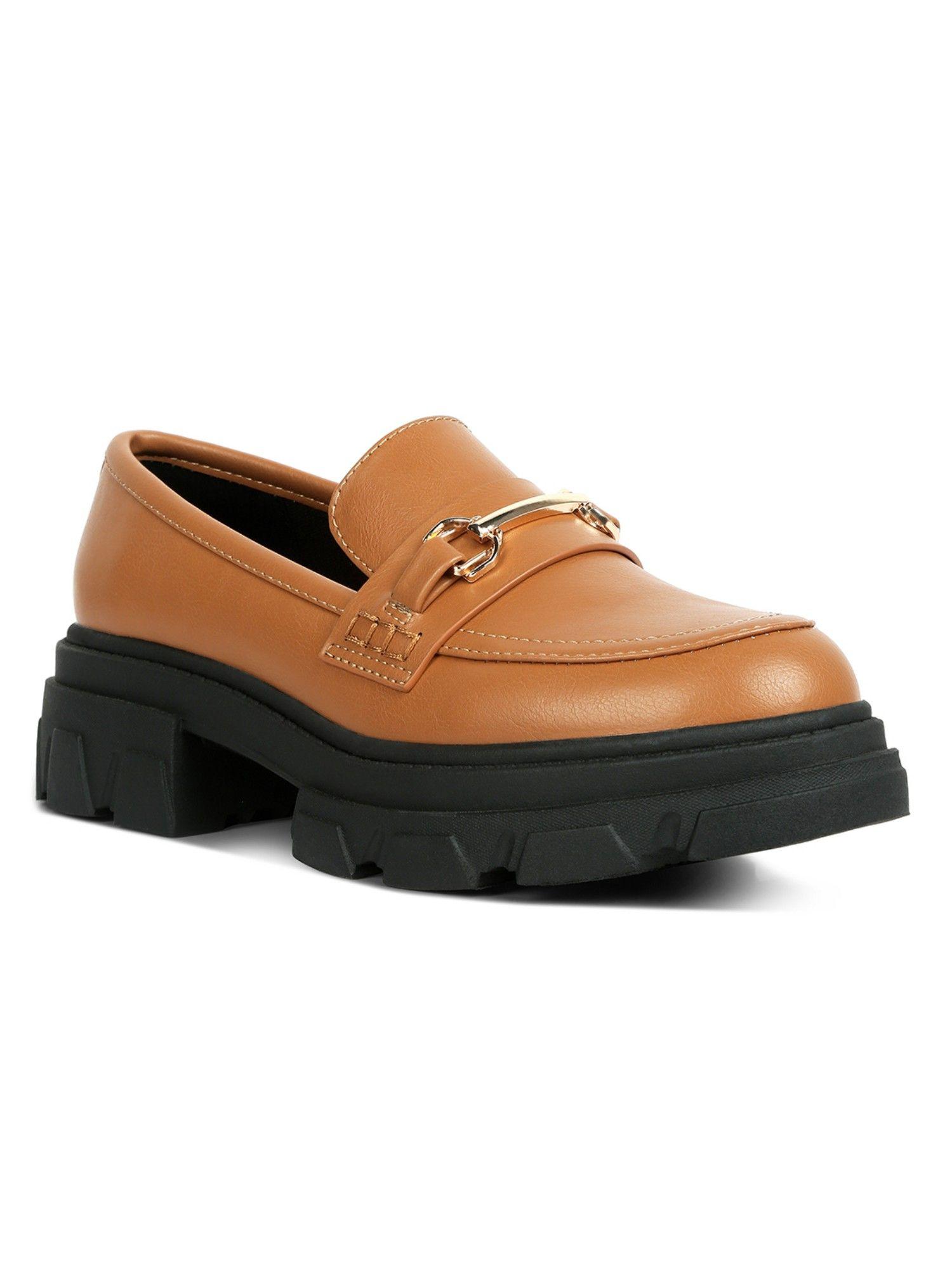 tan chunky block loafers