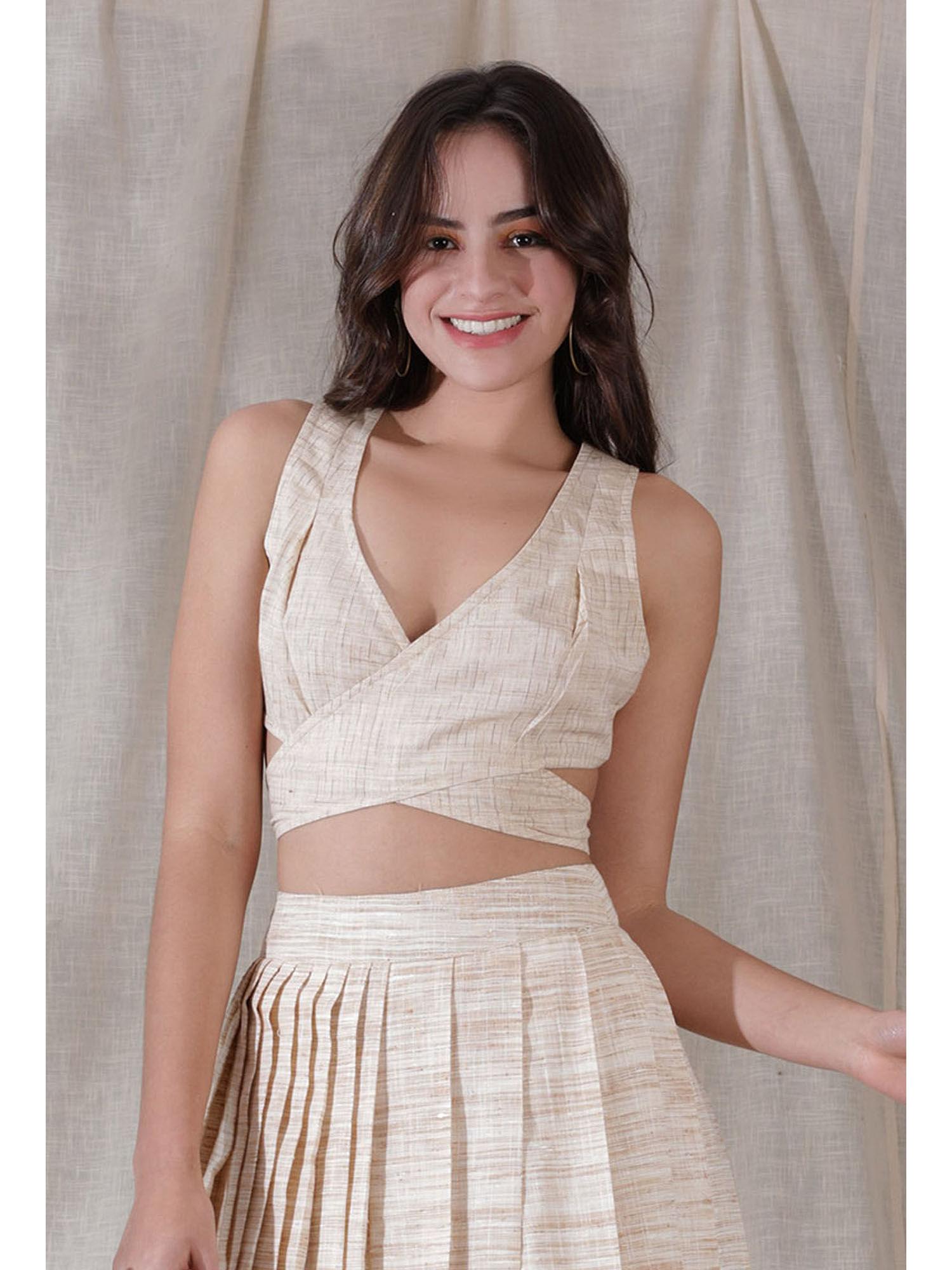 tan color khadi overlapped stylish back crop top