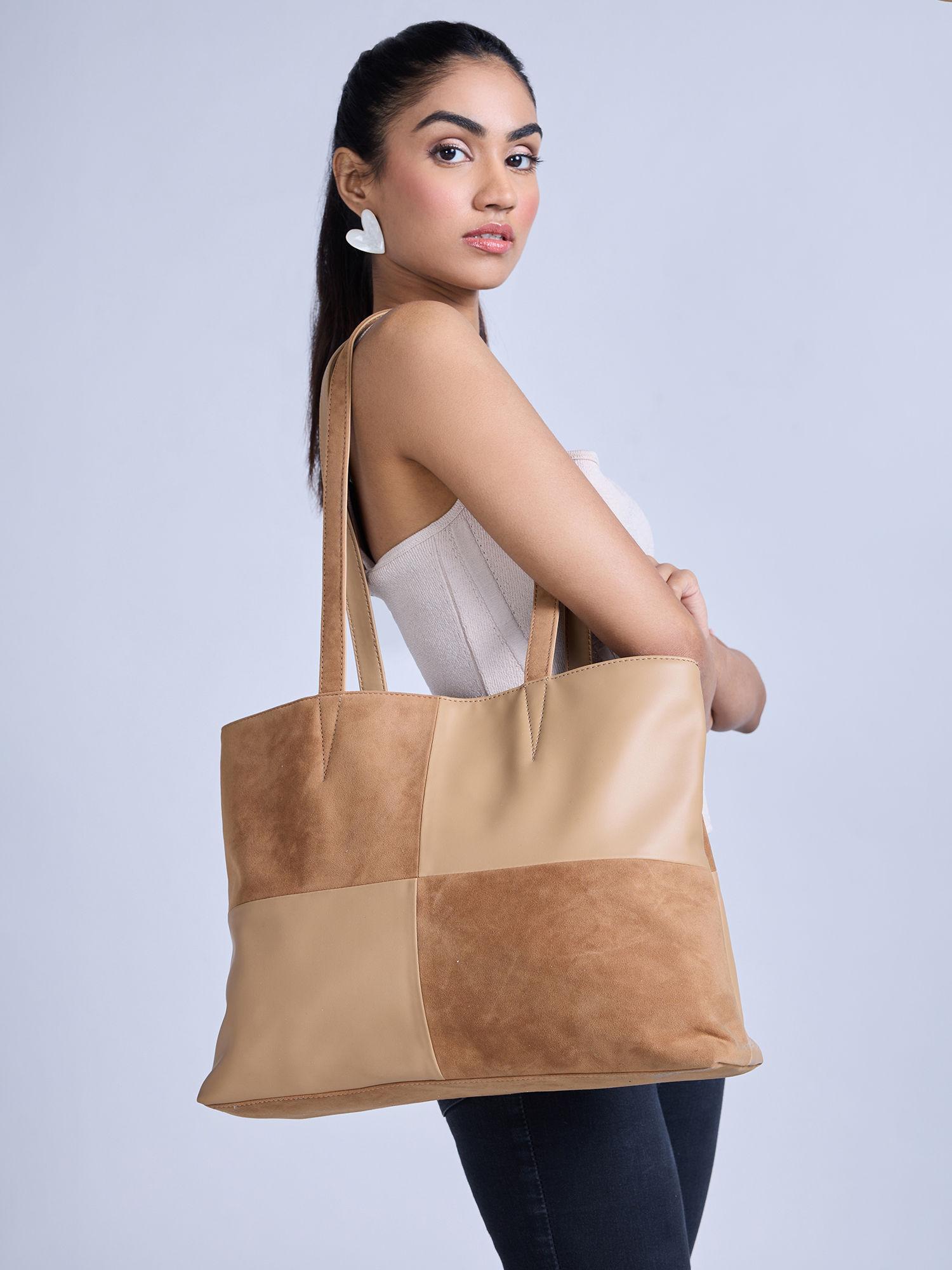 tan colorblock everyday tote bag
