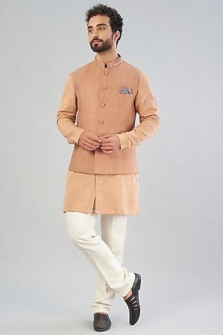 tan embroidered nehru jacket with kurta set