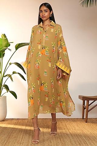 tan georgette & viscose printed kaftan