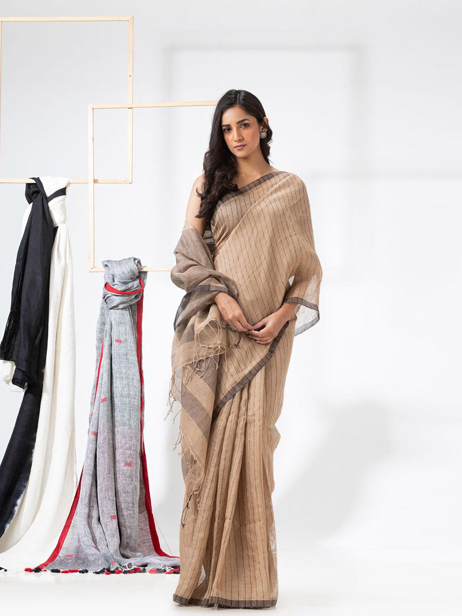 tan handloom linen saree with unstitched blouse