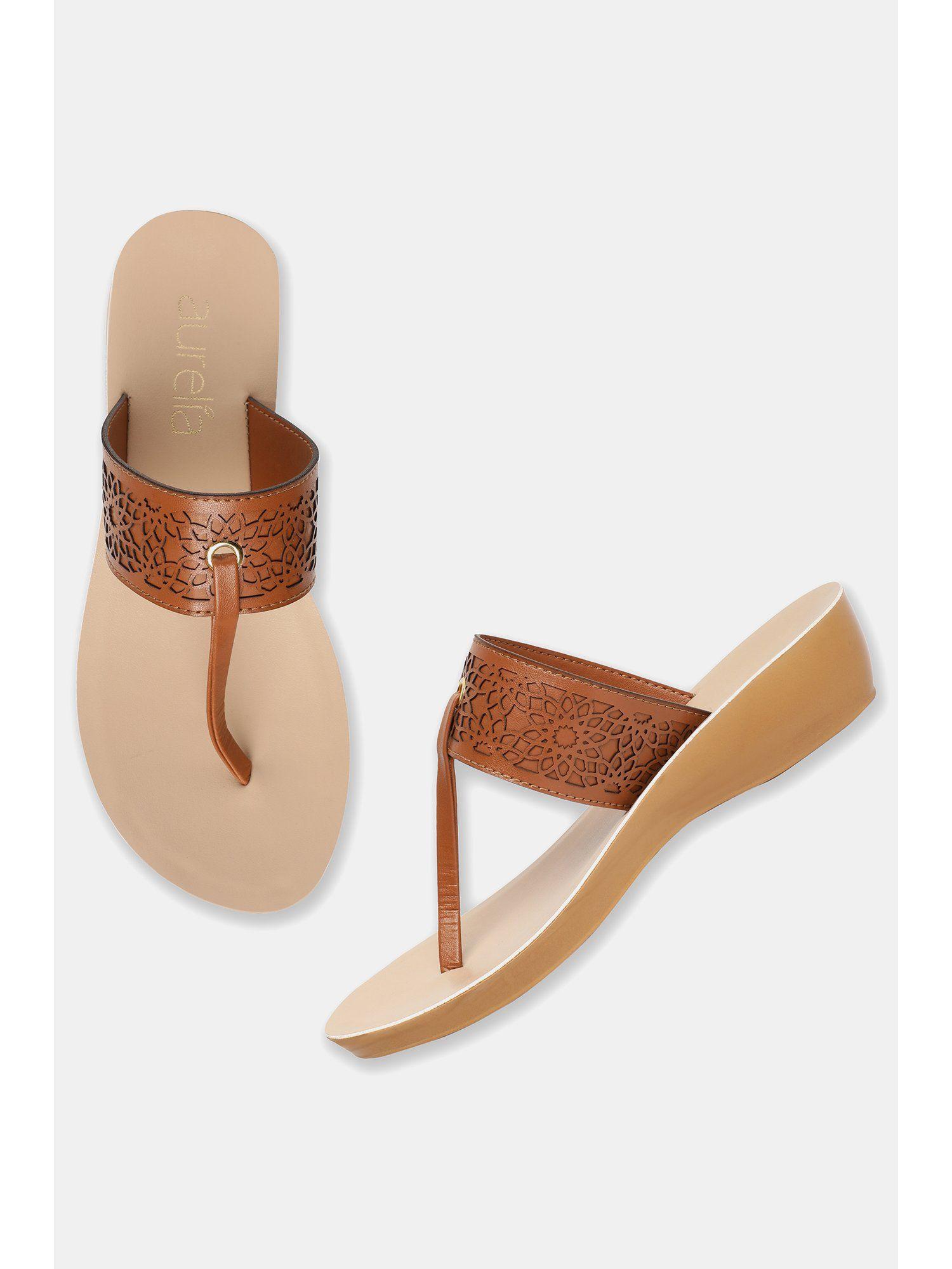 tan laser cut open toe wedges