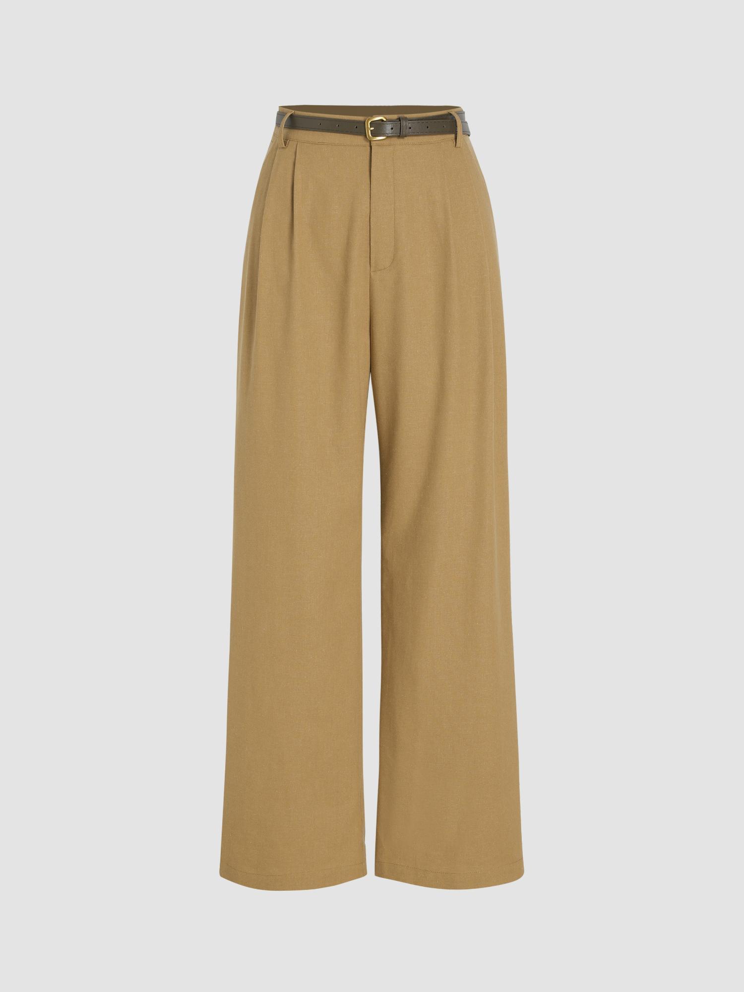 tan linen blend solid wide leg pant with belt (set of 2)