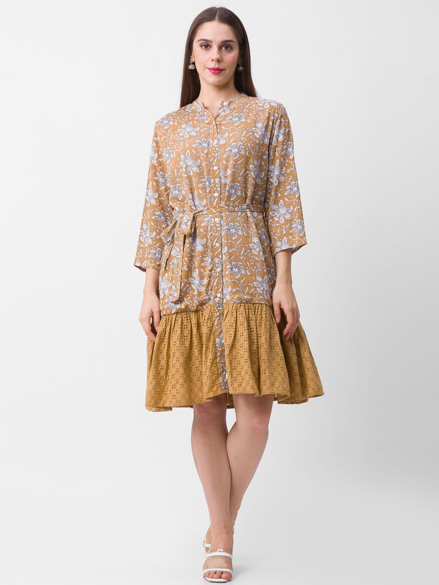 tan printed dress with belt (set of 2)