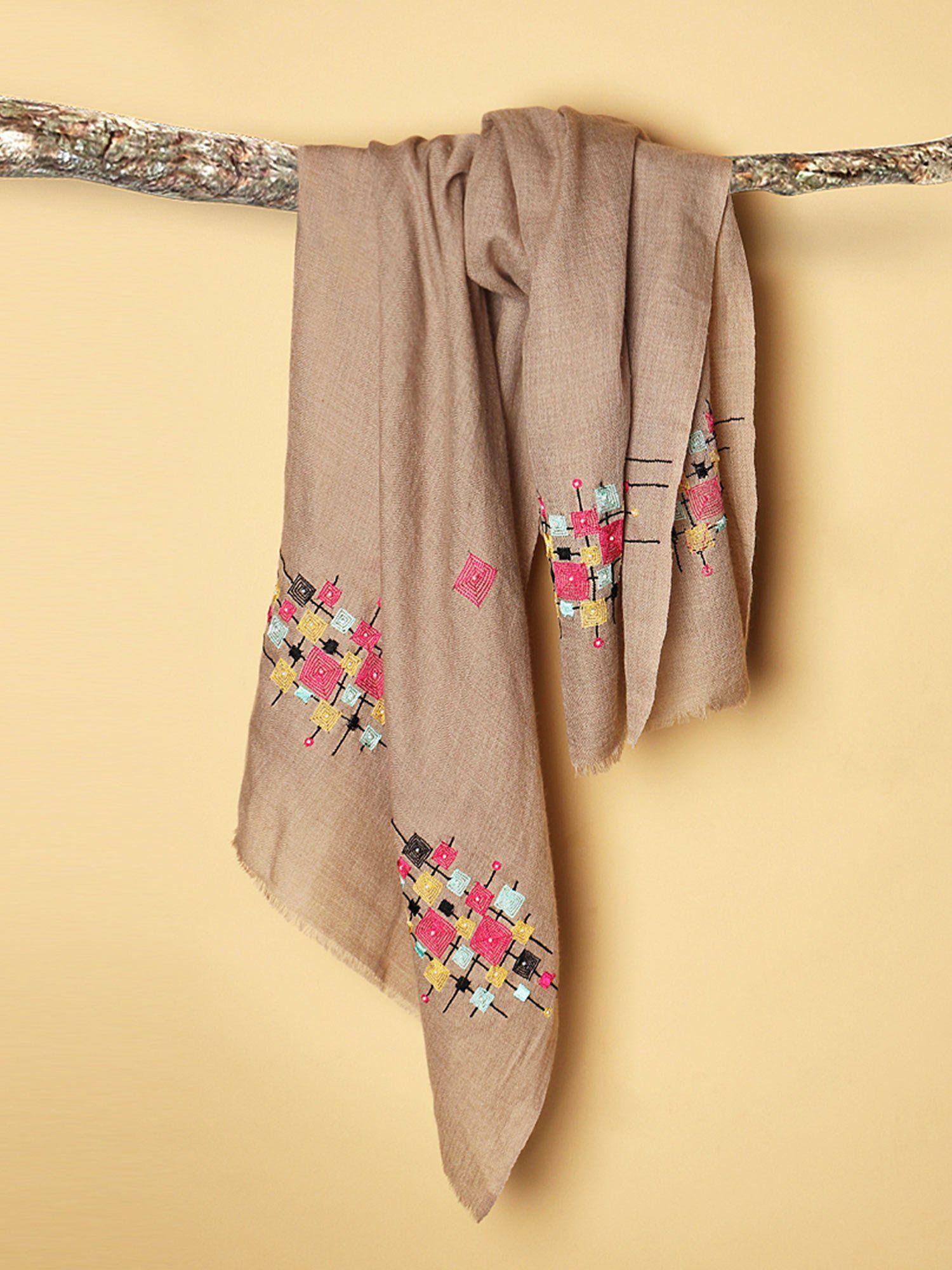 tan pure pashmina stole with geometric hand embroidered design