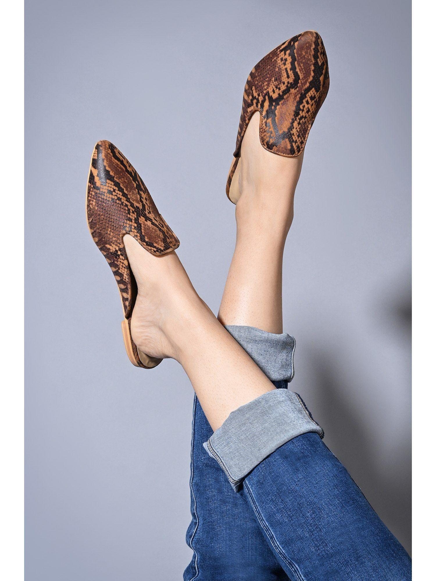 tan python printed mules for women