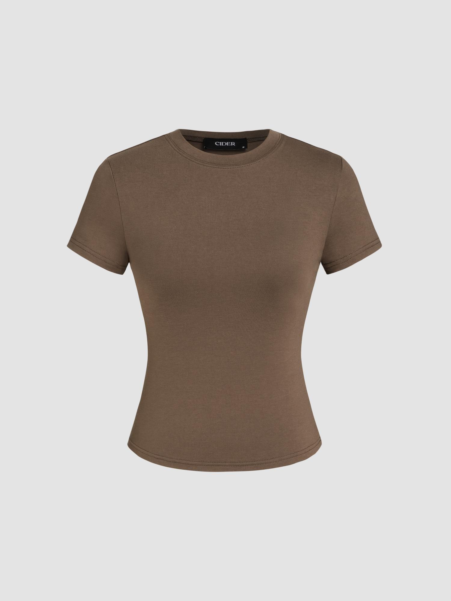 tan round neckline knit short sleeve tee