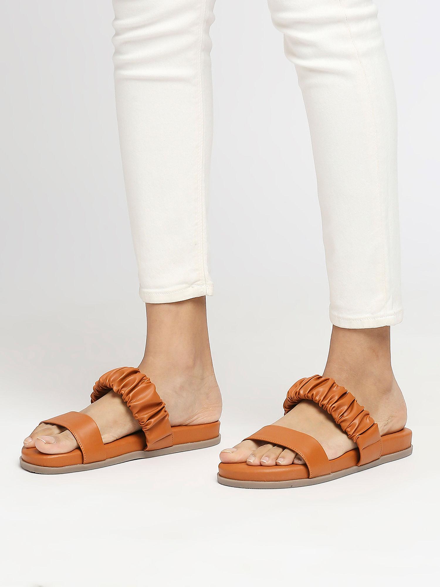 tan round toe ruched straps sliders