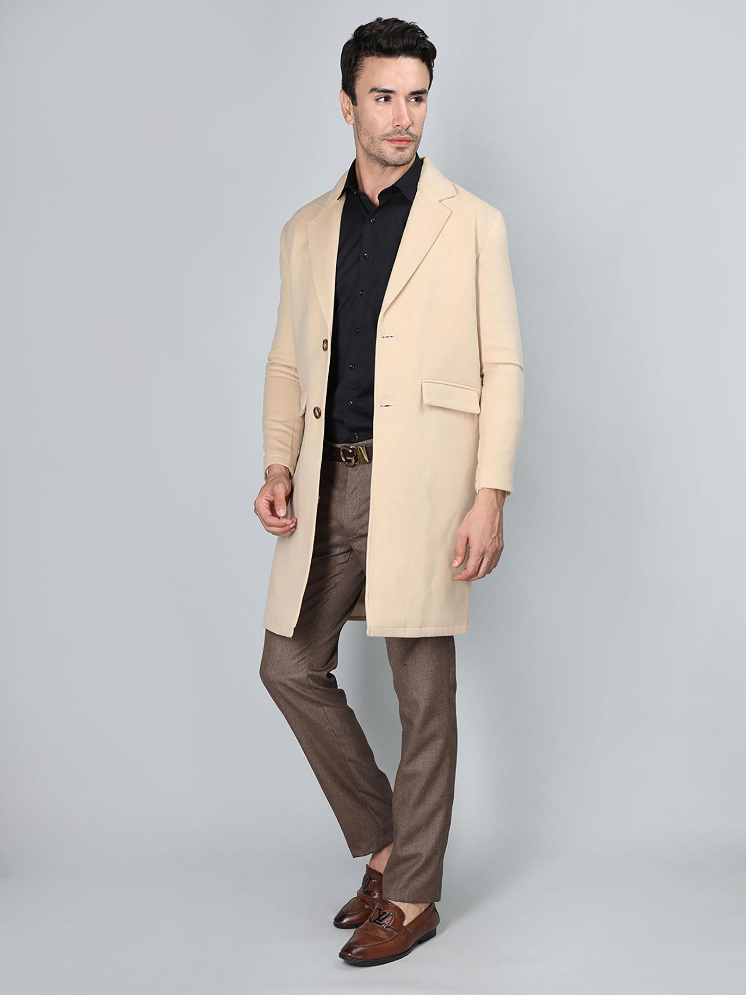 tan solid notched lapel coats