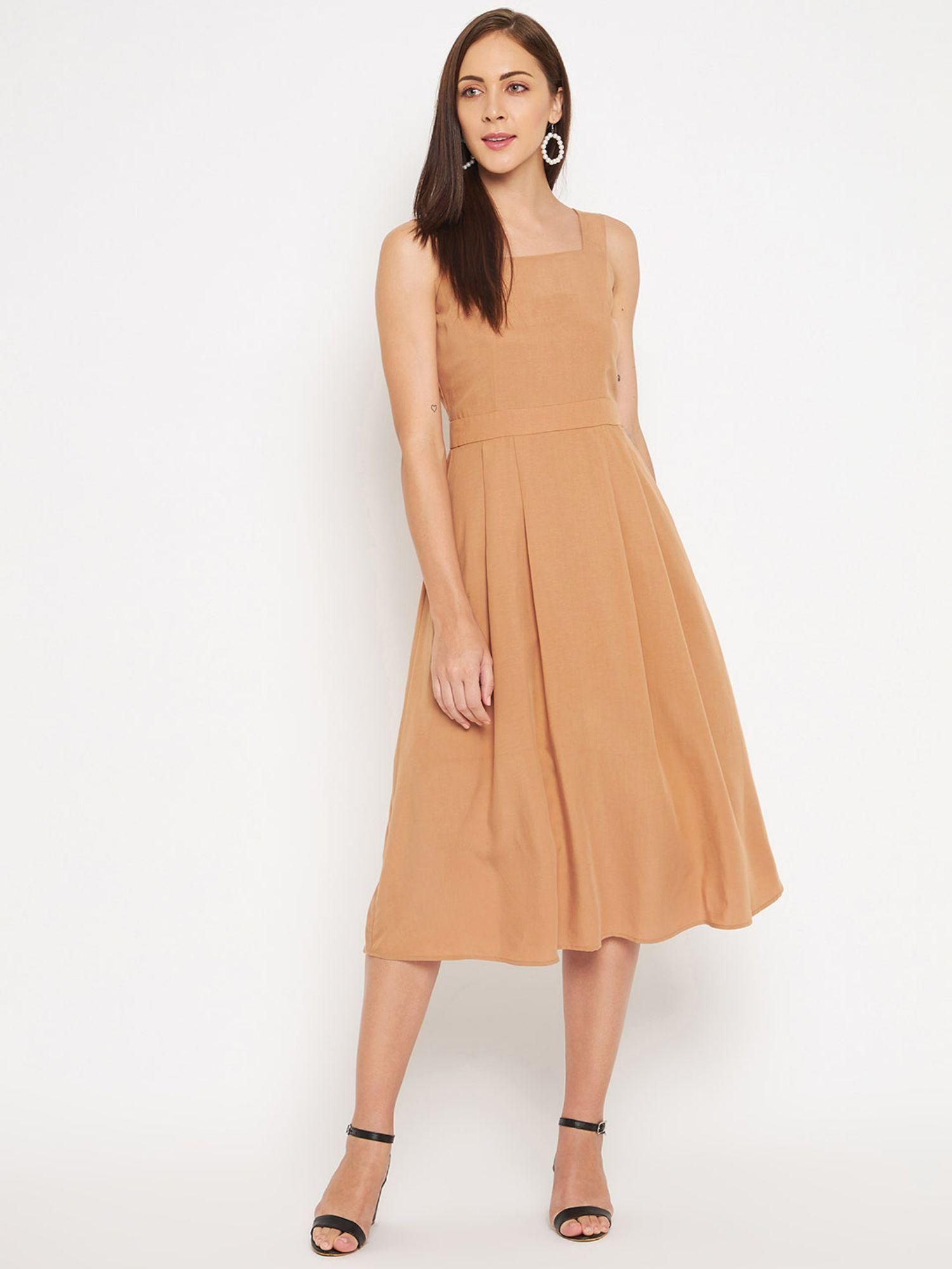 tan solid square neck midi dress tan