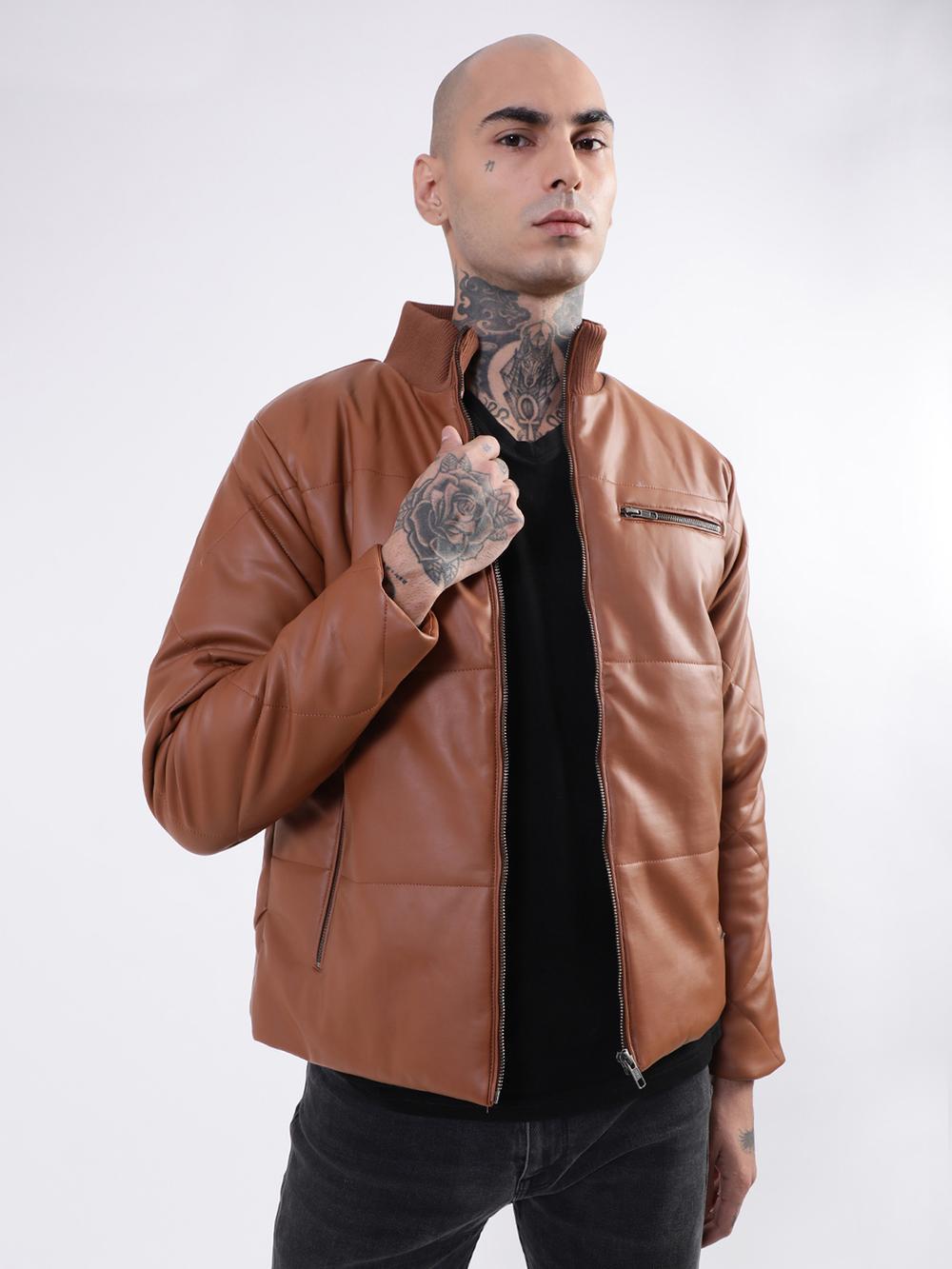 tan solid stand collar jacket