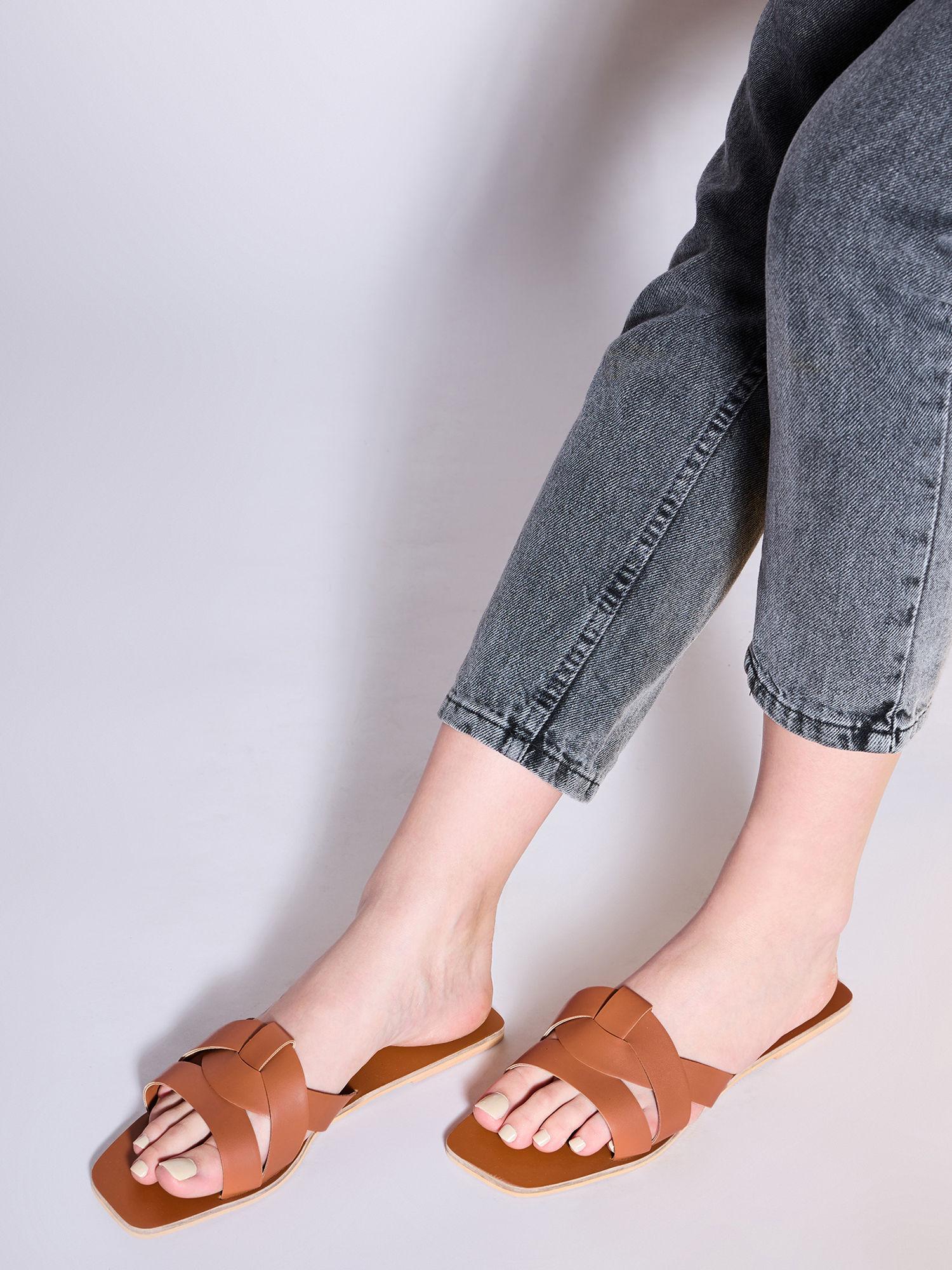 tan square toe casual slider flats