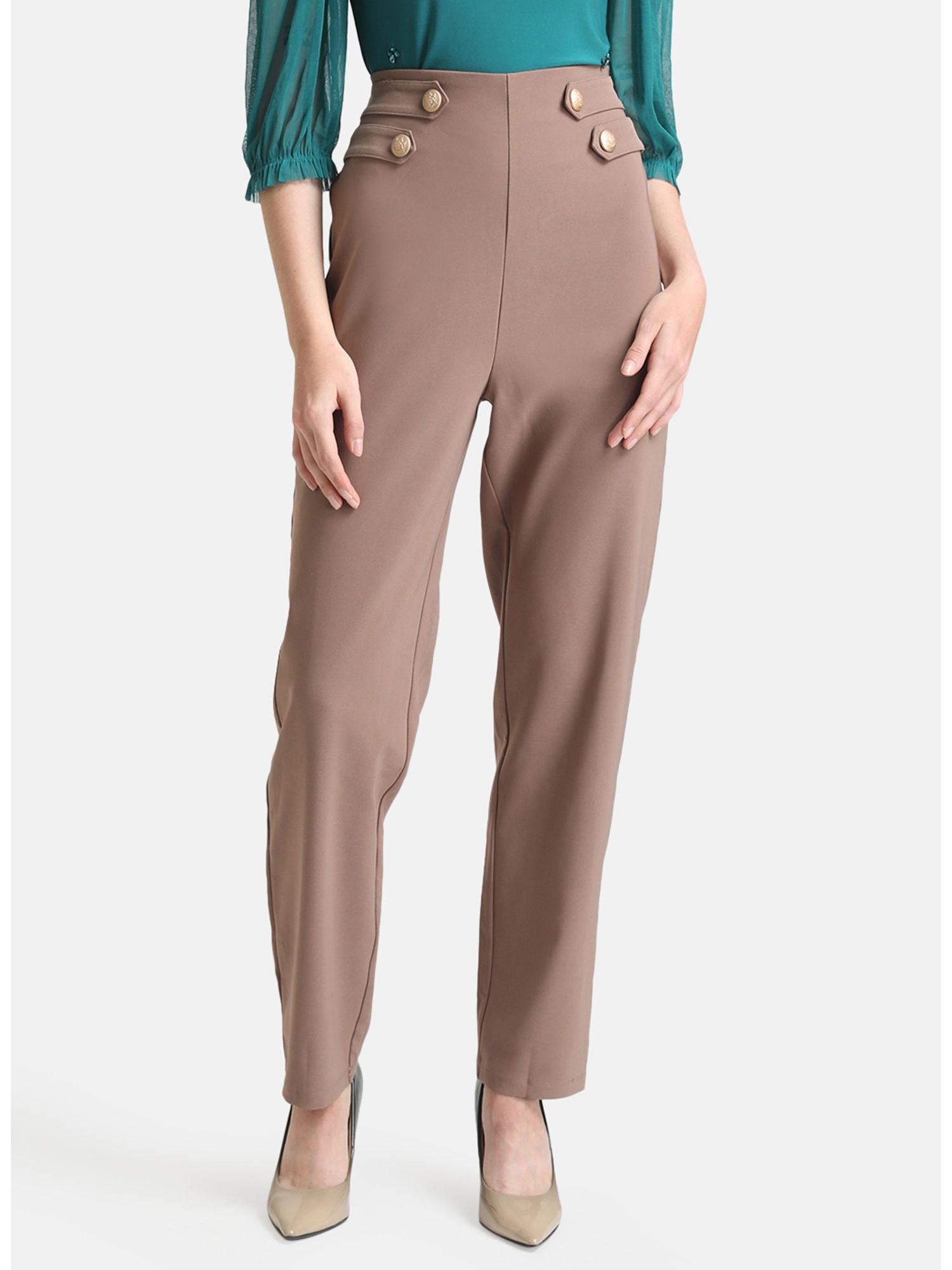 tan straight fit trousers with tab detail