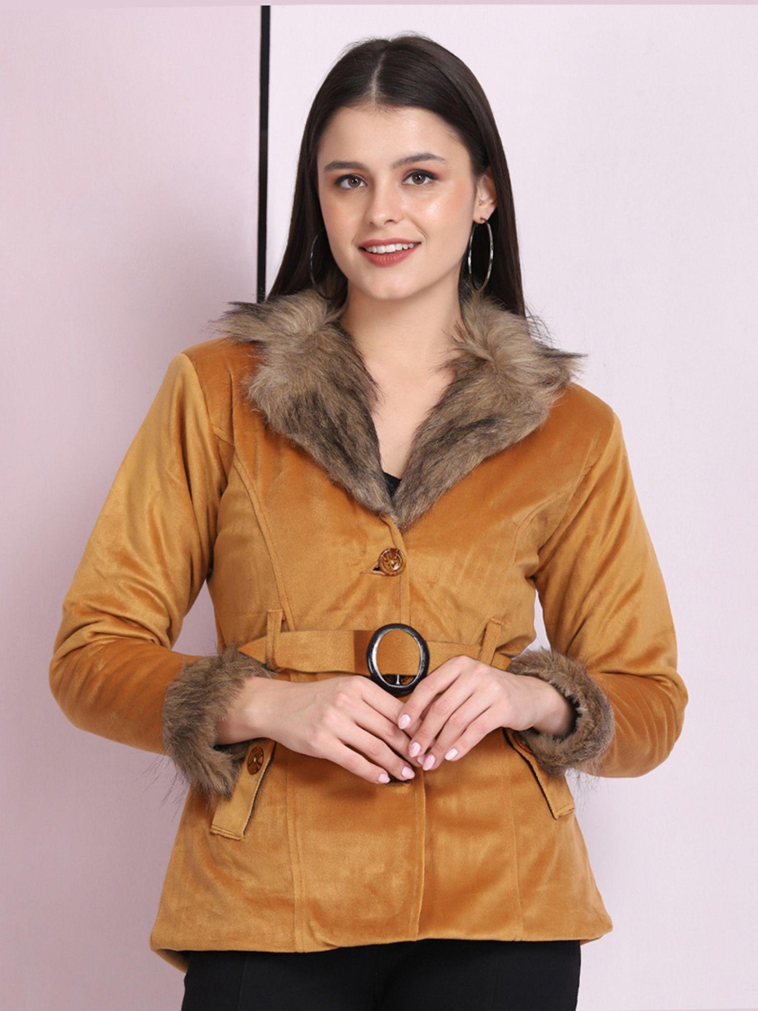 tan velvet winter coat jacket with belt (set of 2)