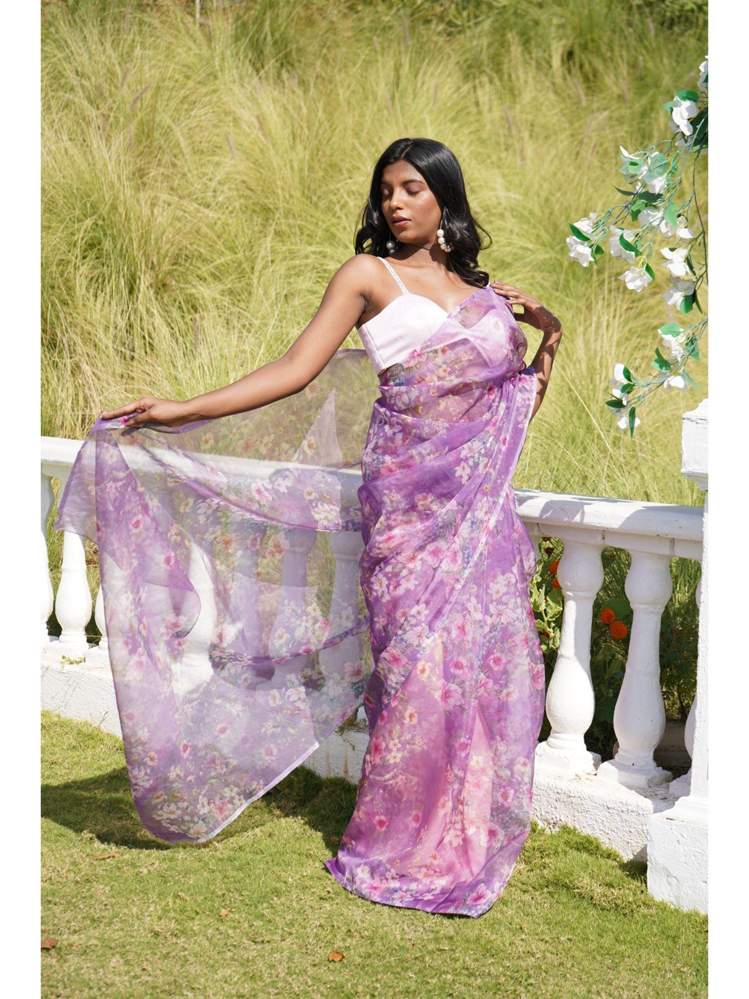 tancy lavender pre-drapped saree with stitched blouse