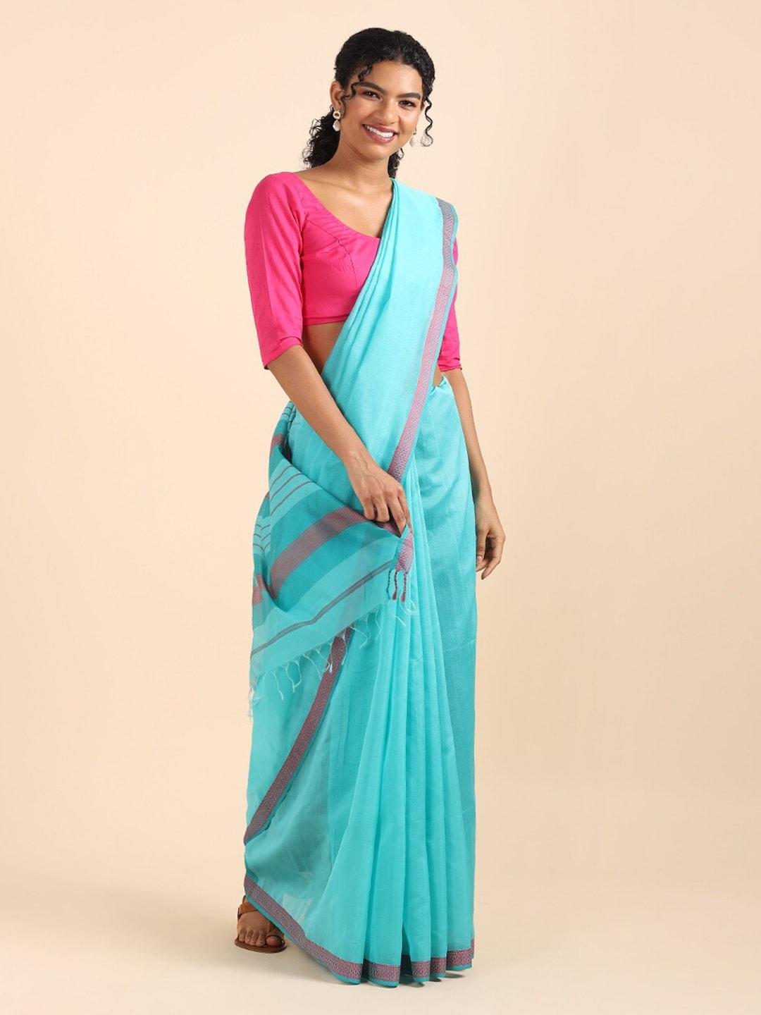 taneira blue & pink silk cotton maheshwari saree