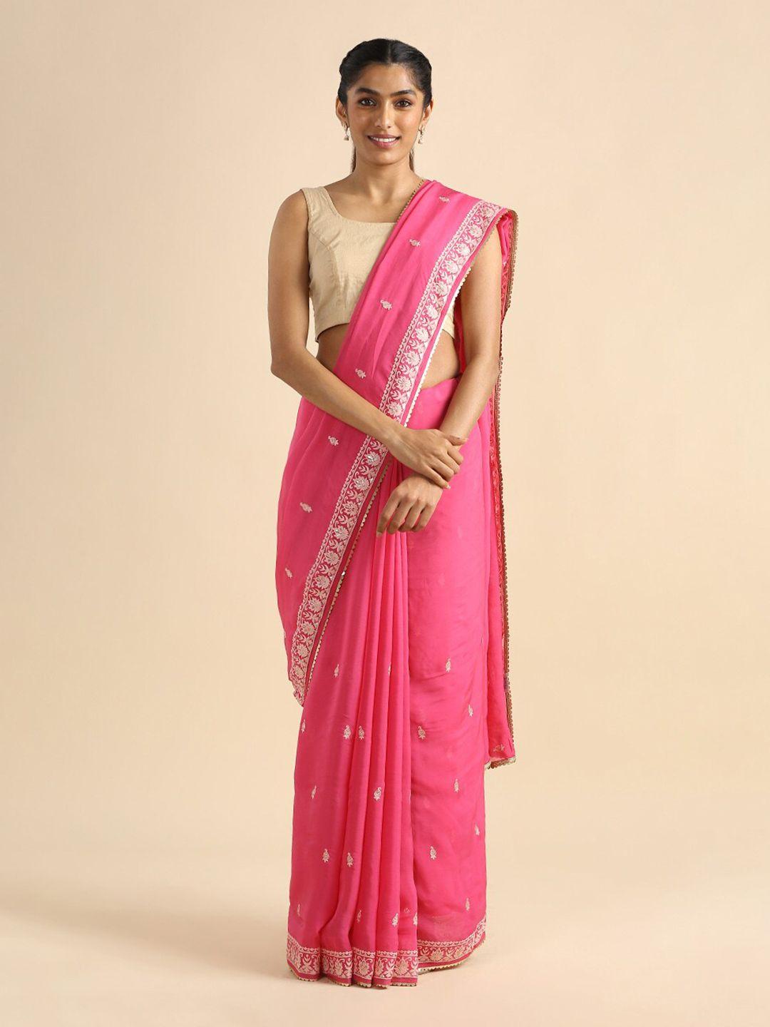 taneira dark pink & white floral embroidered saree