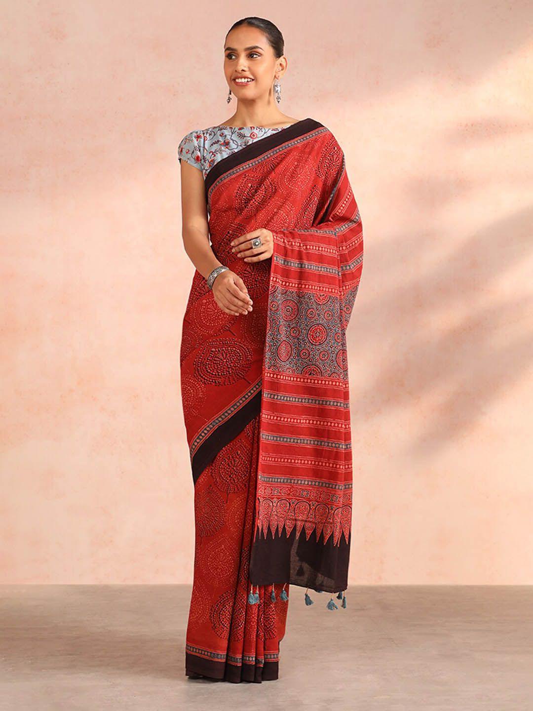 taneira ethnic motifs block printed pure cotton saree