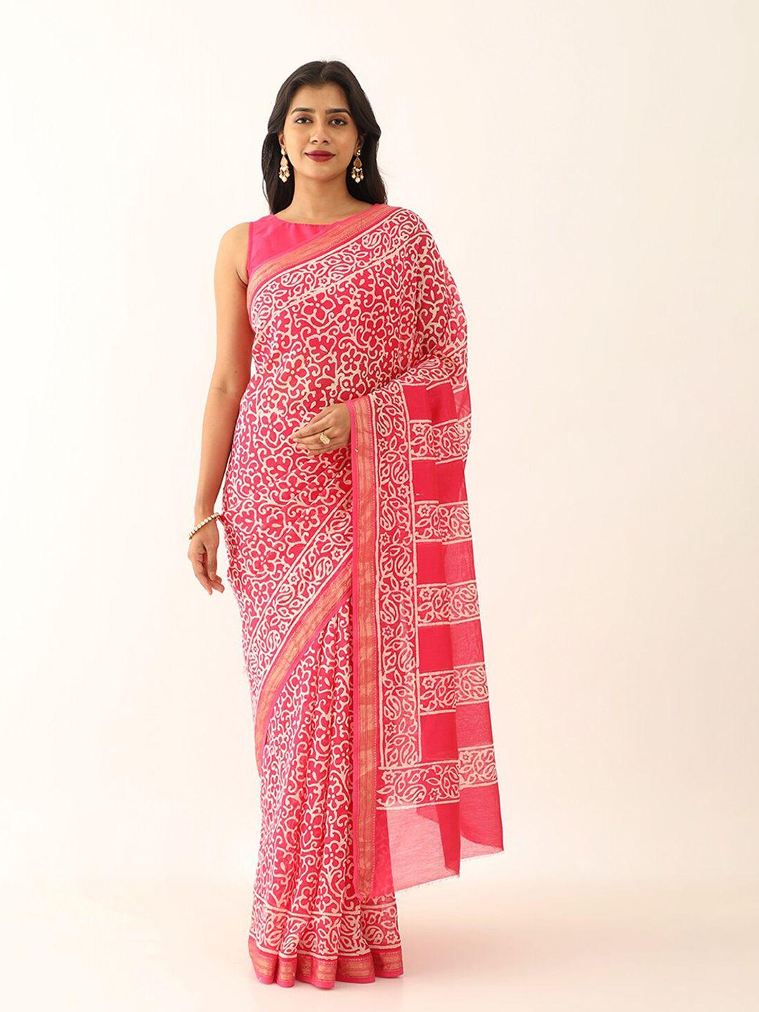 taneira ethnic motifs zari silk cotton block print saree